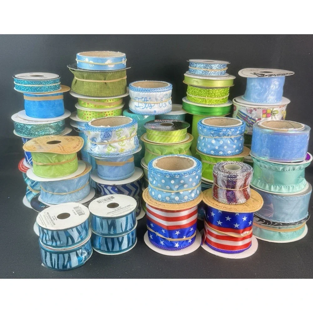 Lot Of 40+ Blue & Green Wired Craft Ribbon & Mesh New & Used